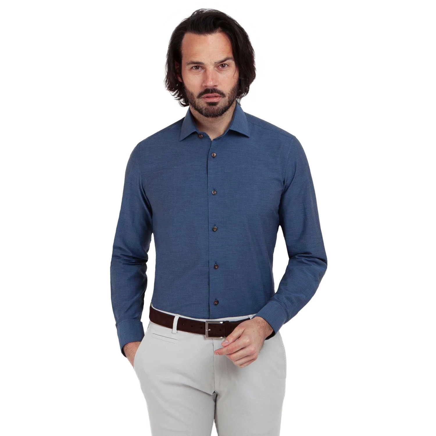 Chemise Cintrée 100% Coton Chambray Bleu Foncé 3 Chemise Cintrée 100% Coton Chambray Bleu Foncé