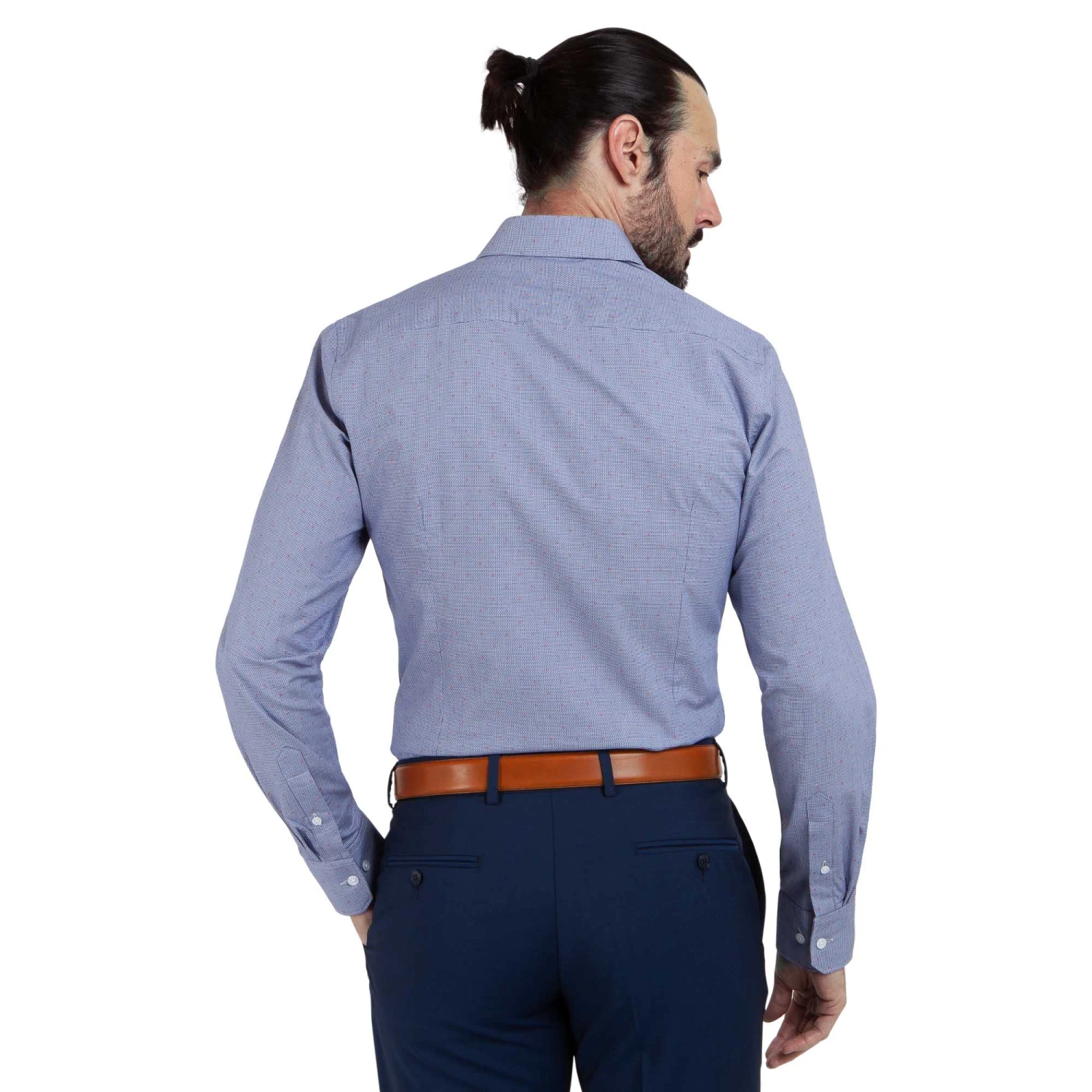 Chemise Cintrée Micro Pied De Poule Bleu Et Motif Rouge 5 Chemise Cintrée Micro Pied De Poule Bleu Et Motif Rouge – Image 3