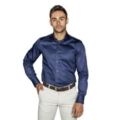 Chemise Cintrée Sans Repassage En Satin De Coton Bleu Marine