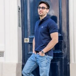 Polo Col Mao 100 % Coton Bleu Marine