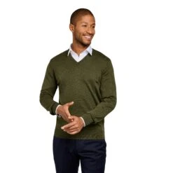 Pull Col V 100% Pure Laine Mérinos Kaki