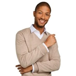 Pull Col V 100% Pure Laine Mérinos Sable